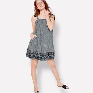 OLD NAVY Smocked Tiered Black White Gingham Plaid Mini Dress w Pockets & Tassels